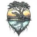 alligator in the water at sunset under a live oak tree with Spanish moss hanging tattoo design idea