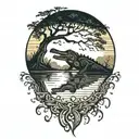 alligator in the water at sunset under a live oak tree with hanging moss tattoo design idea