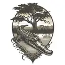 alligator in the water at sunset under a live oak tree with hanging moss tattoo design idea