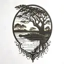 alligator in the water at sunset under a live oak tree with hanging moss tattoo design idea