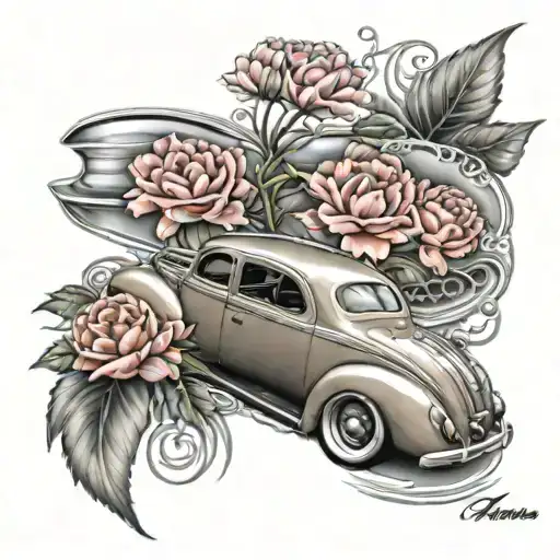 split window ford coupe and carnation flower tattoo design idea