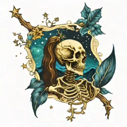 skeleton with van gogh's starry night sky tattoo design idea