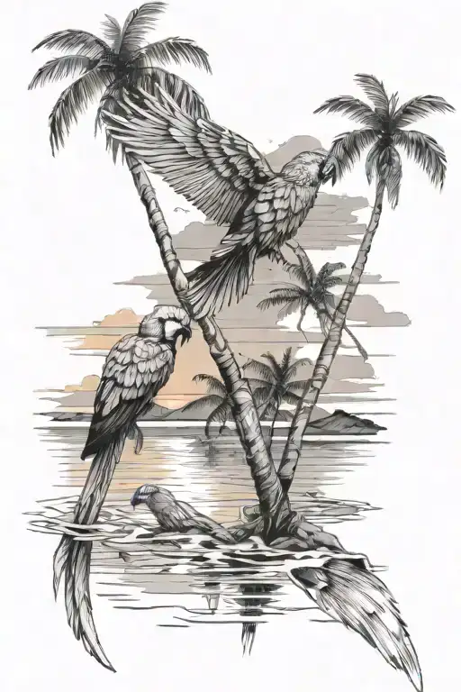 palm trees on a beach sunset reflecting on the water, parrot in a tropical scene, black and gray tattoo design idea