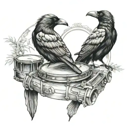 Crow and drums and praying hands  mixed tattoo design idea
