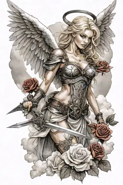 a sexy blond female angel as a warrior with some clouds, a rose and a Cross for a halfsleeve tattoo tattoo design idea