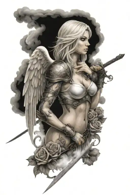 a sexy blond female angel as a warrior with some clouds, a rose and a Cross for a halfsleeve tattoo tattoo design idea
