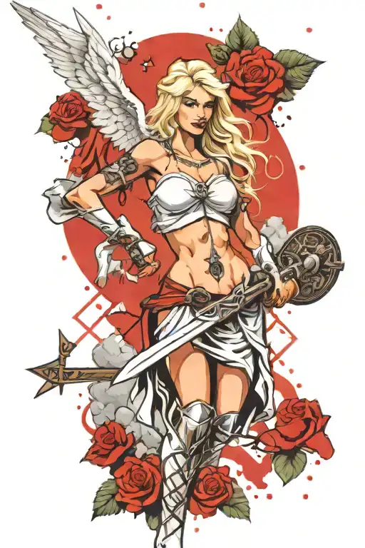 a sexy blond female angel as a warrior with some clouds, a rose and a Cross for a halfsleeve tattoo tattoo design idea