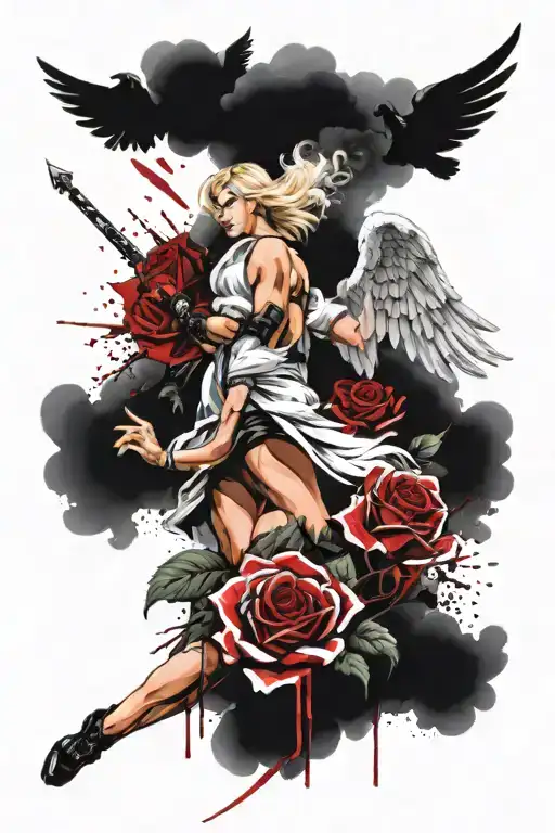 a sexy blond female angel as a warrior with some clouds and a rose for a halfsleeve tattoo tattoo design idea
