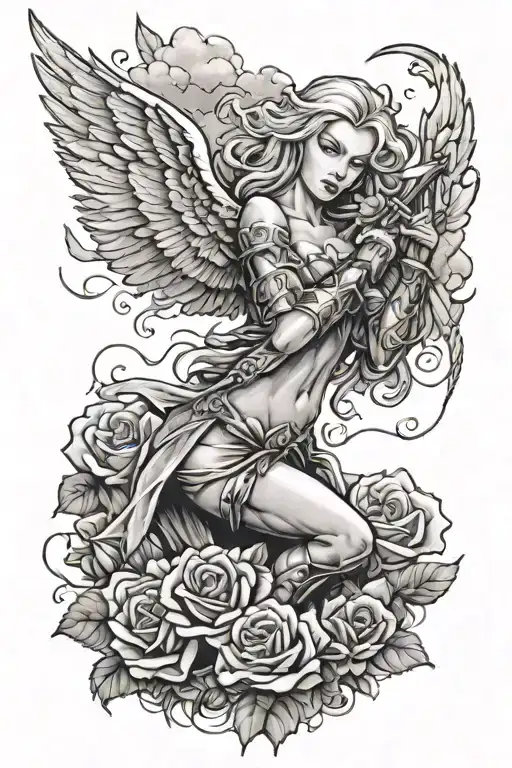 a sexy blond female angel as a warrior with some clouds and a rose for a halfsleeve tattoo tattoo design idea