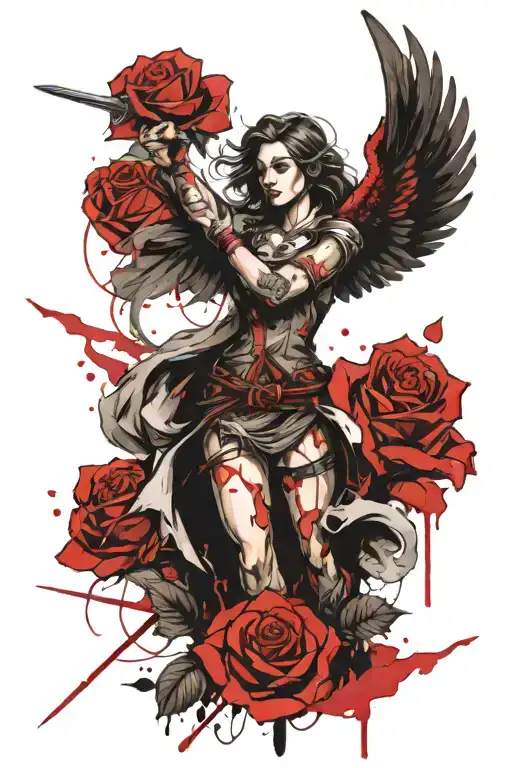 a female angel as a warrior with some clouds and a rose for a halfsleeve tattoo tattoo design idea