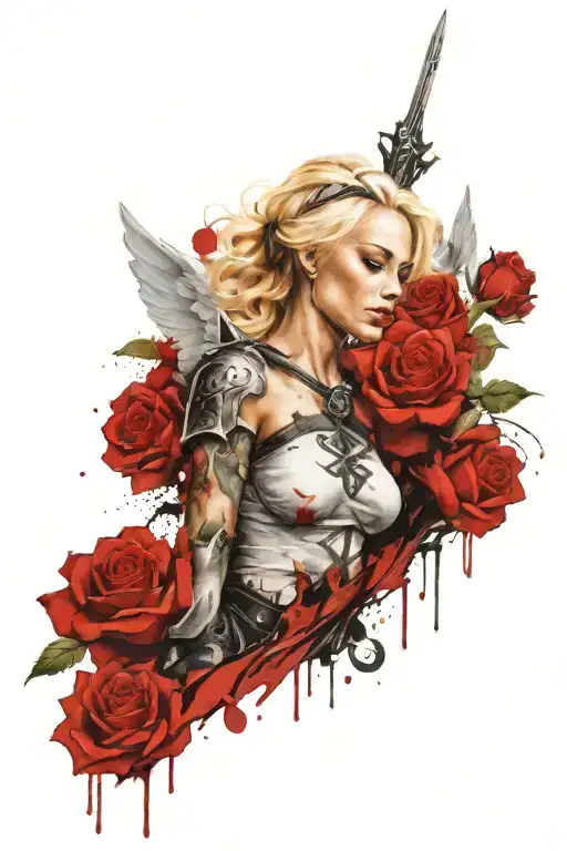 a sexy blond female angel as a warrior with some clouds, a rose and a Cross for a halfsleeve tattoo tattoo design idea