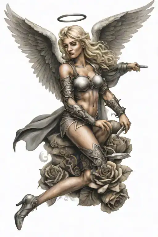 a sexy blond female angel as a warrior with some clouds and a rose for a halfsleeve tattoo tattoo design idea
