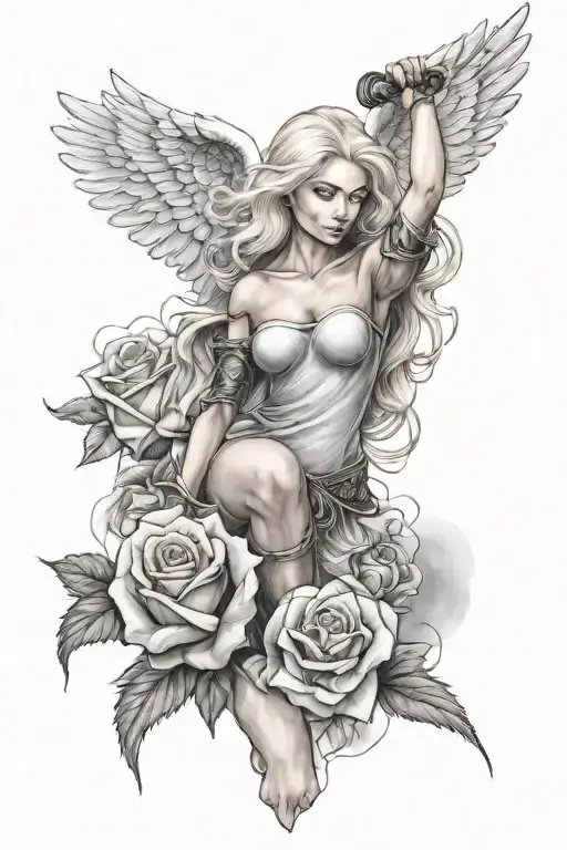 a sexy blond female angel as a warrior with some clouds and a rose for a halfsleeve tattoo tattoo design idea
