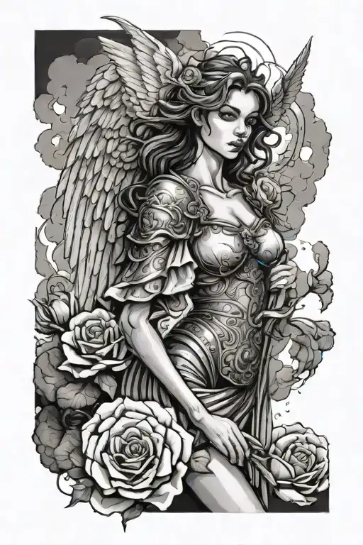 a female angel as a warrior with some clouds and a rose for a halfsleeve tattoo tattoo design idea