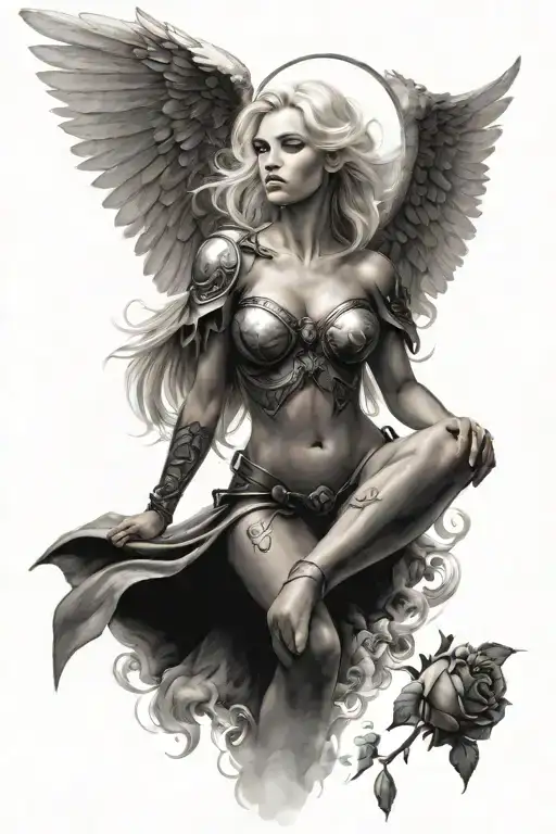 a sexy blond female angel as a warrior with some clouds and a rose for a halfsleeve tattoo tattoo design idea
