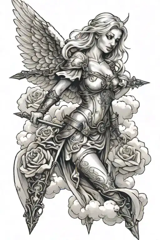 a sexy blond female angel as a warrior with some clouds, a rose and a Cross for a halfsleeve tattoo tattoo design idea