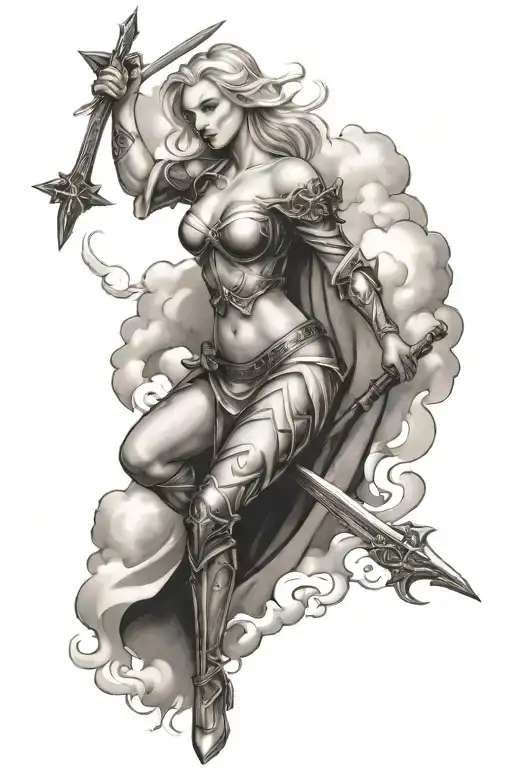 a sexy blond female angel as a warrior with some clouds, a rose and a Cross for a halfsleeve tattoo tattoo design idea