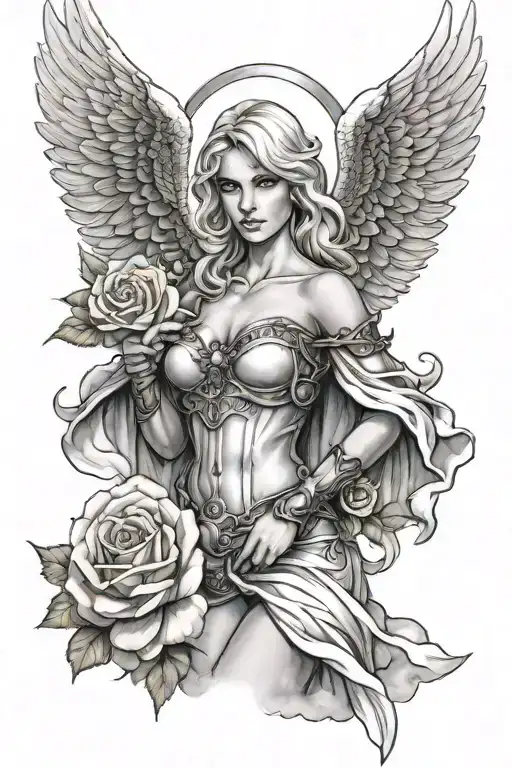 a sexy blond female angel as a warrior with some clouds and a rose for a halfsleeve tattoo tattoo design idea