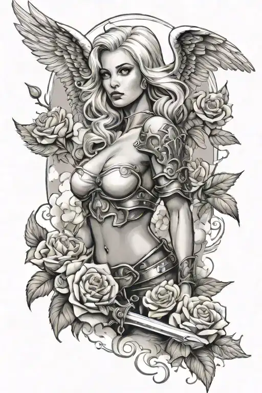 a sexy blond female angel as a warrior with some clouds and a rose for a halfsleeve tattoo tattoo design idea