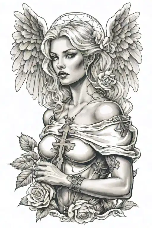 a sexy blond female angel as a warrior with some clouds, a rose and a Cross for a halfsleeve tattoo tattoo design idea