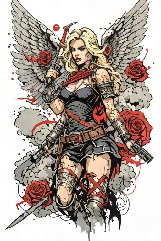 a sexy blond female angel as a warrior with some clouds, a rose and a Cross for a halfsleeve tattoo tattoo design idea