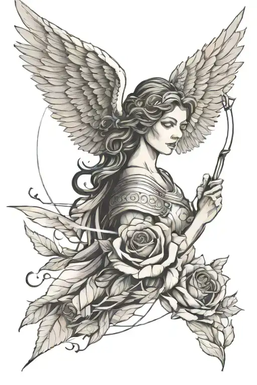 a female angel as a warrior with some clouds and a rose for a halfsleeve tattoo tattoo design idea