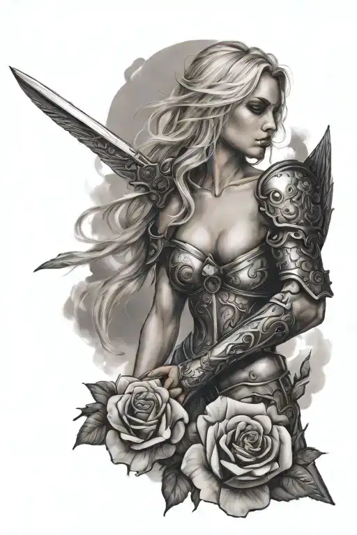 a sexy blond female angel as a warrior with some clouds, a rose and a Cross for a halfsleeve tattoo tattoo design idea