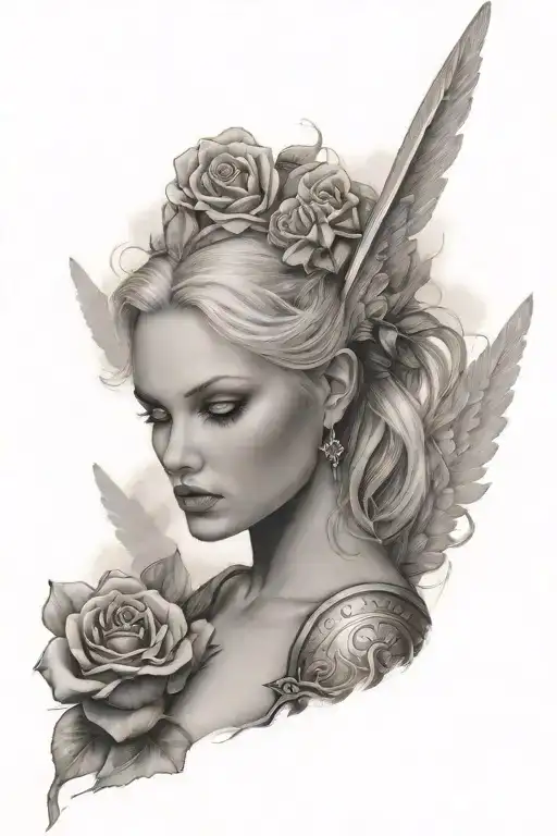 a sexy blond female angel as a warrior with some clouds, a rose and a Cross for a halfsleeve tattoo tattoo design idea