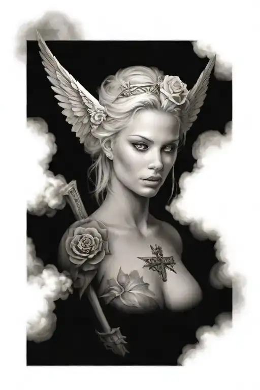 a sexy blond female angel as a warrior with some clouds, a rose and a Cross for a halfsleeve tattoo tattoo design idea