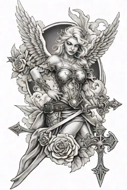 a sexy blond female angel as a warrior with some clouds, a rose and a Cross for a halfsleeve tattoo tattoo design idea