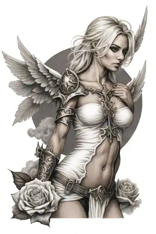 a sexy blond female angel as a warrior with some clouds, a rose and a Cross for a halfsleeve tattoo tattoo design idea