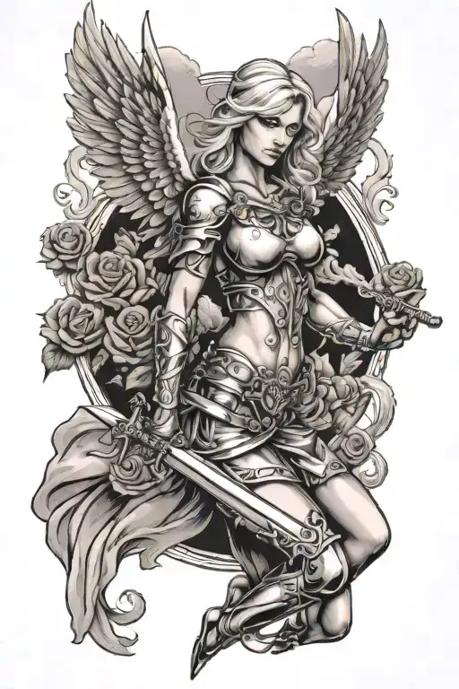 a sexy blond female angel as a warrior with some clouds, a rose and a Cross for a halfsleeve tattoo tattoo design idea