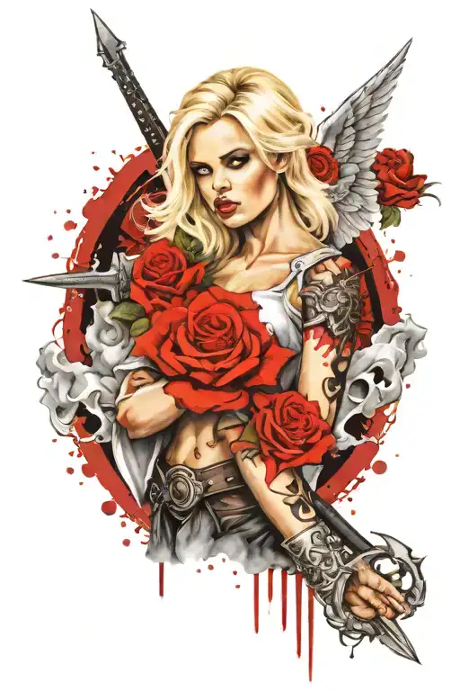 a sexy blond female angel as a warrior with some clouds, a rose and a Cross for a halfsleeve tattoo tattoo design idea