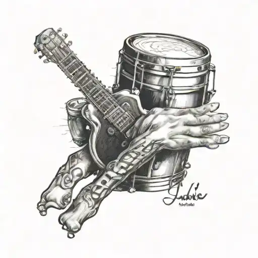 Name "Luis" with some Shadows and a Combination with a little Drum and a praying Hand as Halvsleeve for forearm. tattoo design idea