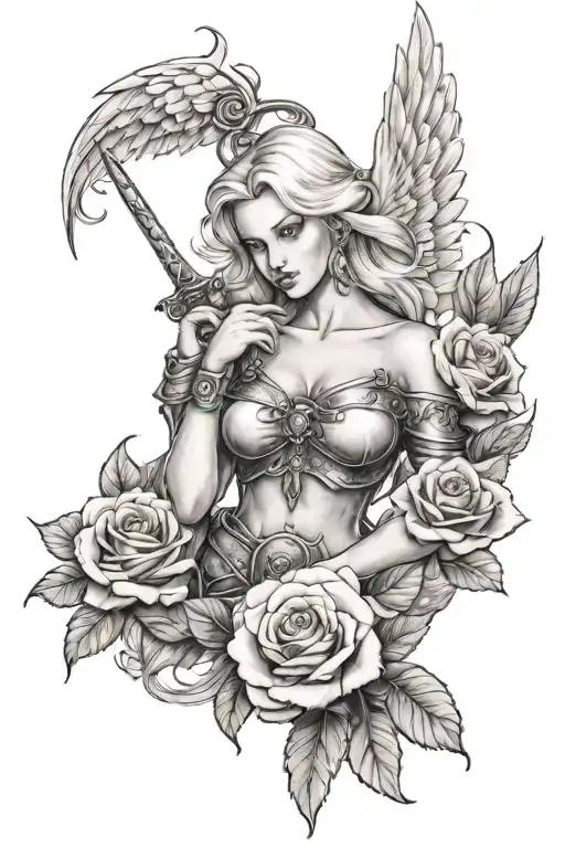 a sexy blond female angel as a warrior with some clouds and a rose for a halfsleeve tattoo tattoo design idea