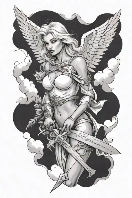 a sexy blond female angel as a warrior with some clouds, a rose and a Cross for a halfsleeve tattoo tattoo design idea