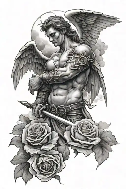 an angel as a warrior with some clouds and a rose for a halfsleeve tattoo tattoo design idea