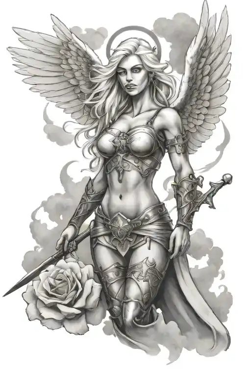 a sexy blond female angel as a warrior with some clouds, a rose and a Cross for a halfsleeve tattoo tattoo design idea