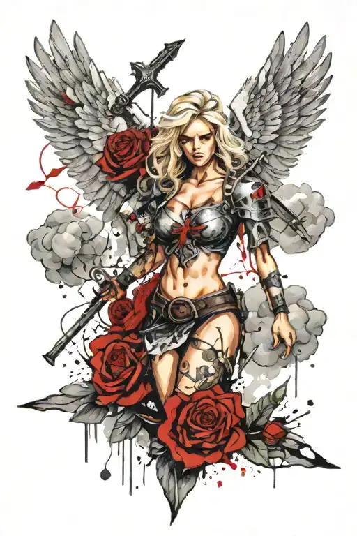 a sexy blond female angel as a warrior with some clouds, a rose and a Cross for a halfsleeve tattoo tattoo design idea