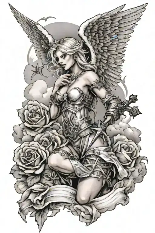 a sexy blond female angel as a warrior with some clouds, a rose and a Cross for a halfsleeve tattoo tattoo design idea