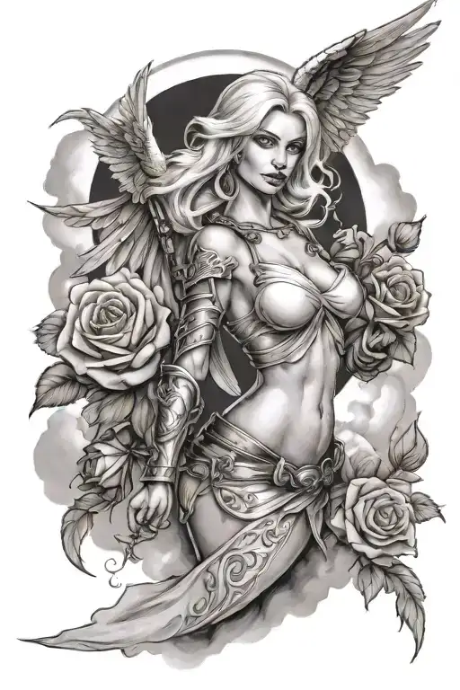 a sexy blond female angel as a warrior with some clouds and a rose for a halfsleeve tattoo tattoo design idea