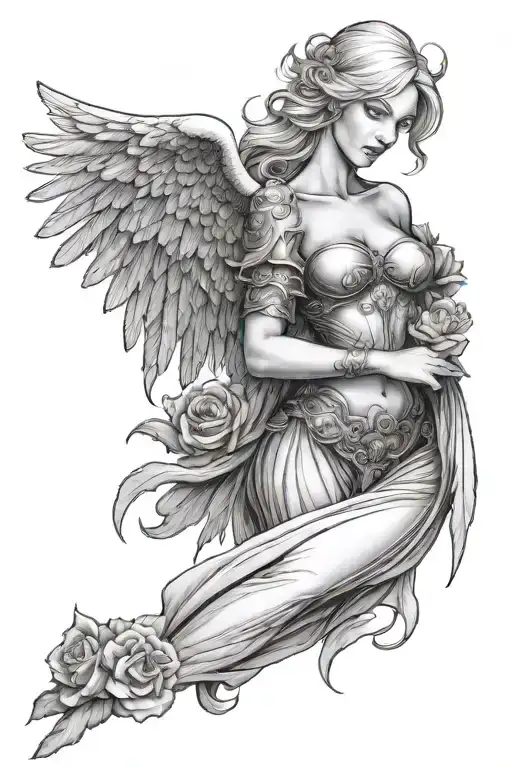 a sexy blond female angel as a warrior with some clouds and a rose for a halfsleeve tattoo tattoo design idea