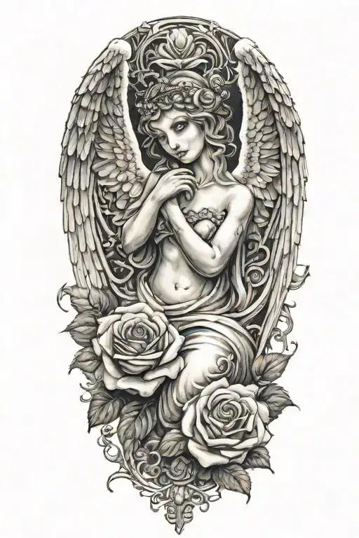 angel forever eternally yours and roses tattoo design idea