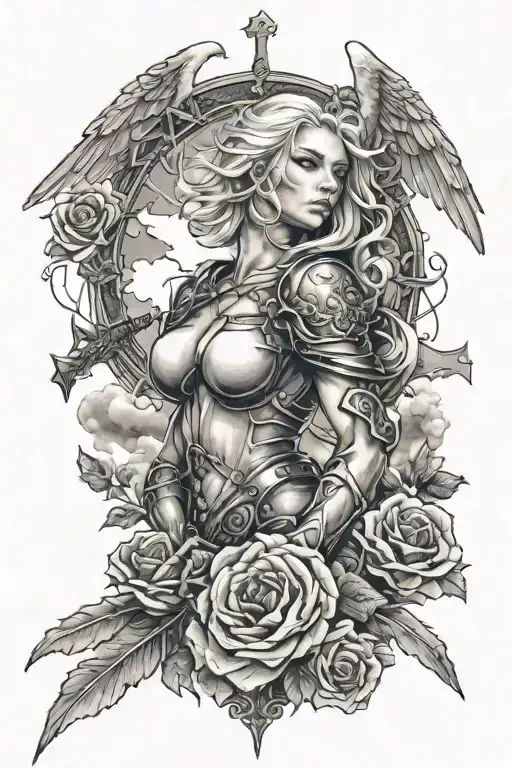a sexy blond female angel as a warrior with some clouds, a rose and a Cross for a halfsleeve tattoo tattoo design idea