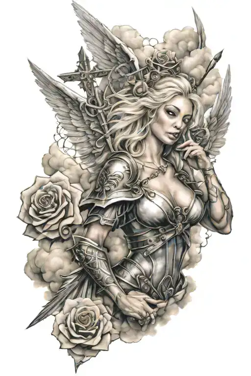 a sexy blond female angel as a warrior with some clouds, a rose and a Cross for a halfsleeve tattoo tattoo design idea