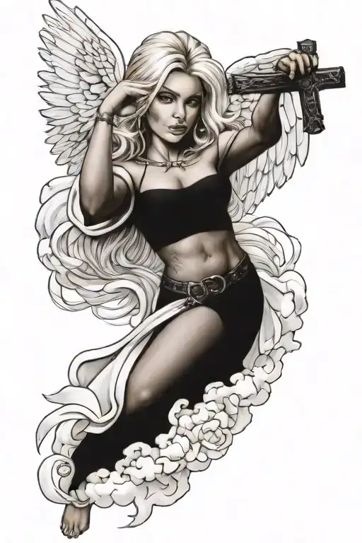 a sexy blond female angel as a warrior with some clouds, a rose and a Cross for a halfsleeve tattoo tattoo design idea