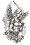 a sexy blond female angel as a warrior with some clouds, a rose and a Cross for a halfsleeve tattoo tattoo design idea