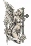 a sexy blond female angel as a warrior with some clouds, a rose and a Cross for a halfsleeve tattoo tattoo design idea