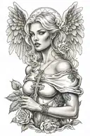 a sexy blond female angel as a warrior with some clouds, a rose and a Cross for a halfsleeve tattoo tattoo design idea