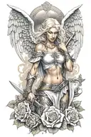 a sexy blond female angel as a warrior with some clouds, a rose and a Cross for a halfsleeve tattoo tattoo design idea
